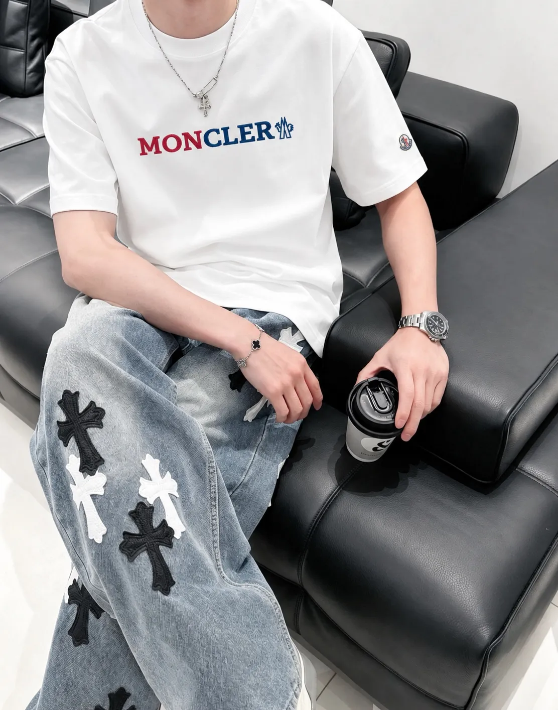 moncle～ logo 《 》7a tee ， Same Style ， : Black White Coffee Brown Size：S（90-130 ） M（125-150 ） L（135-165 ） XL（160-190 ） XXL（185-220 ）
